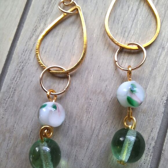 Gold Tone Tear Drop Green Dangle Earrings Long Boho Gifts Lampwork Floral Fairy - Picture 4 of 4